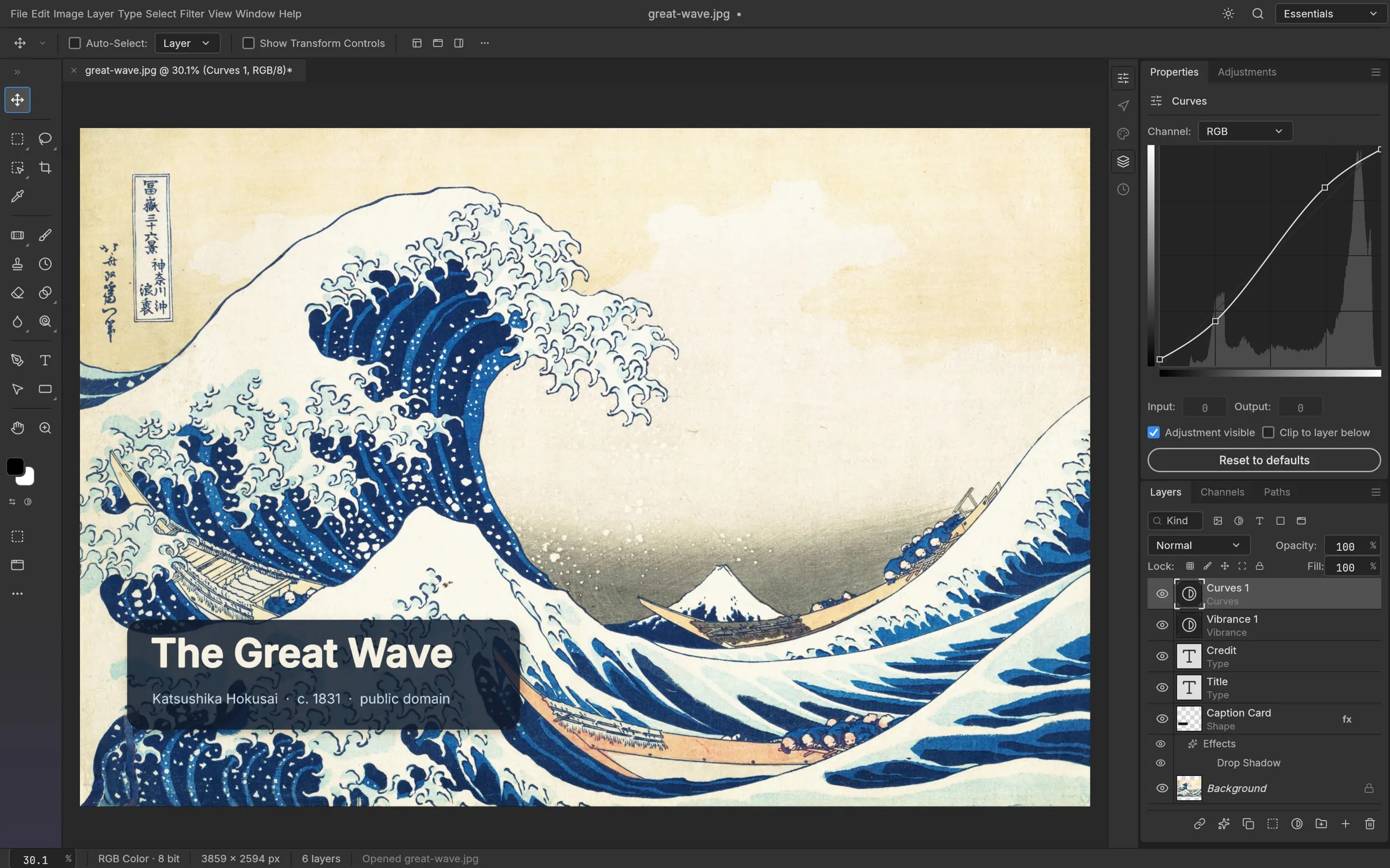 PhotoCraft editing Hokusai’s The Great Wave: a caption card with a drop shadow, Title and Credit type layers, Vibrance and Curves adjustment layers, and the Curves editor drawn over the histogram