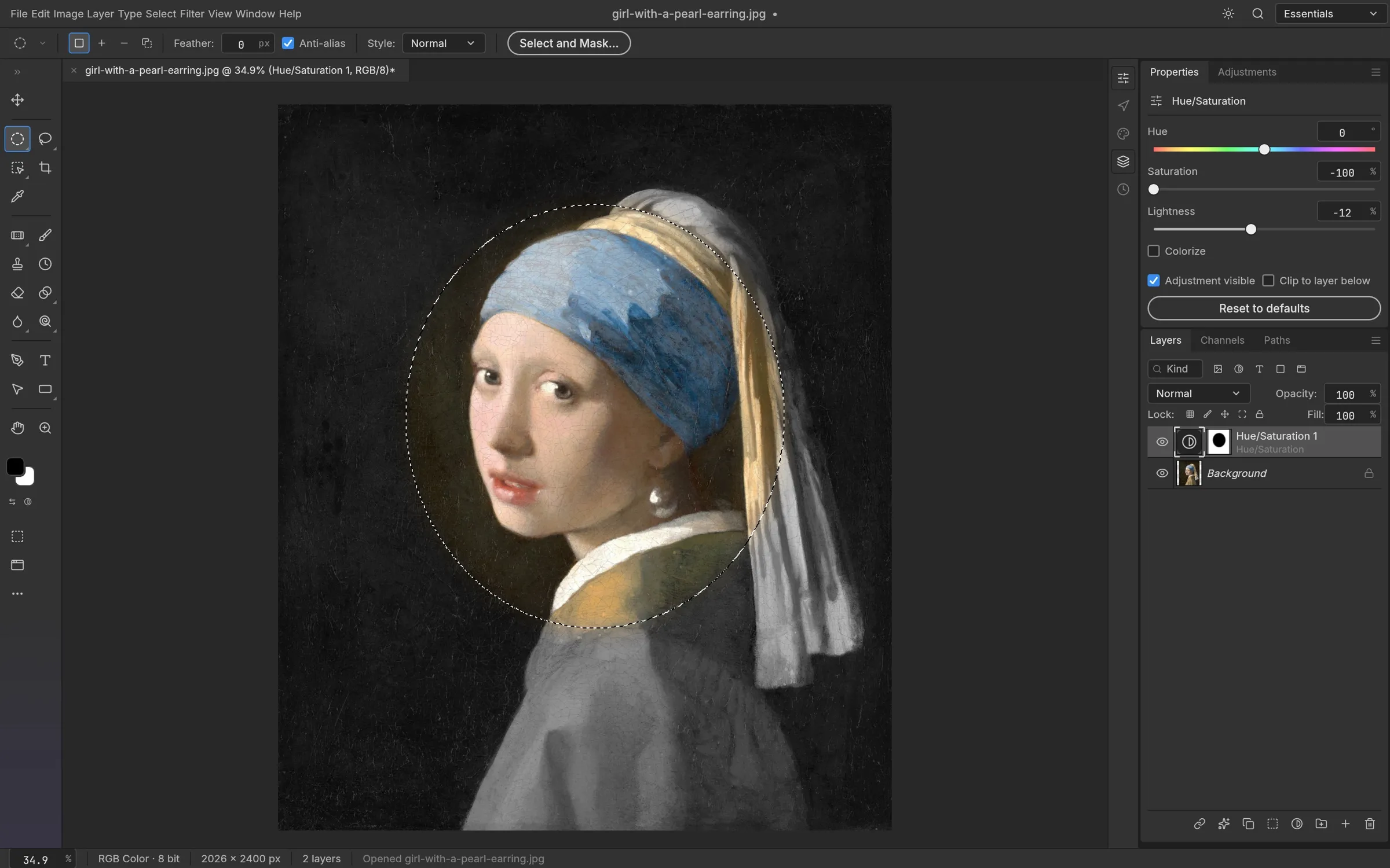 Vermeer’s Girl with a Pearl Earring: an elliptical selection around the face, and a Hue/Saturation layer with an elliptical mask that turns everything outside the face gray