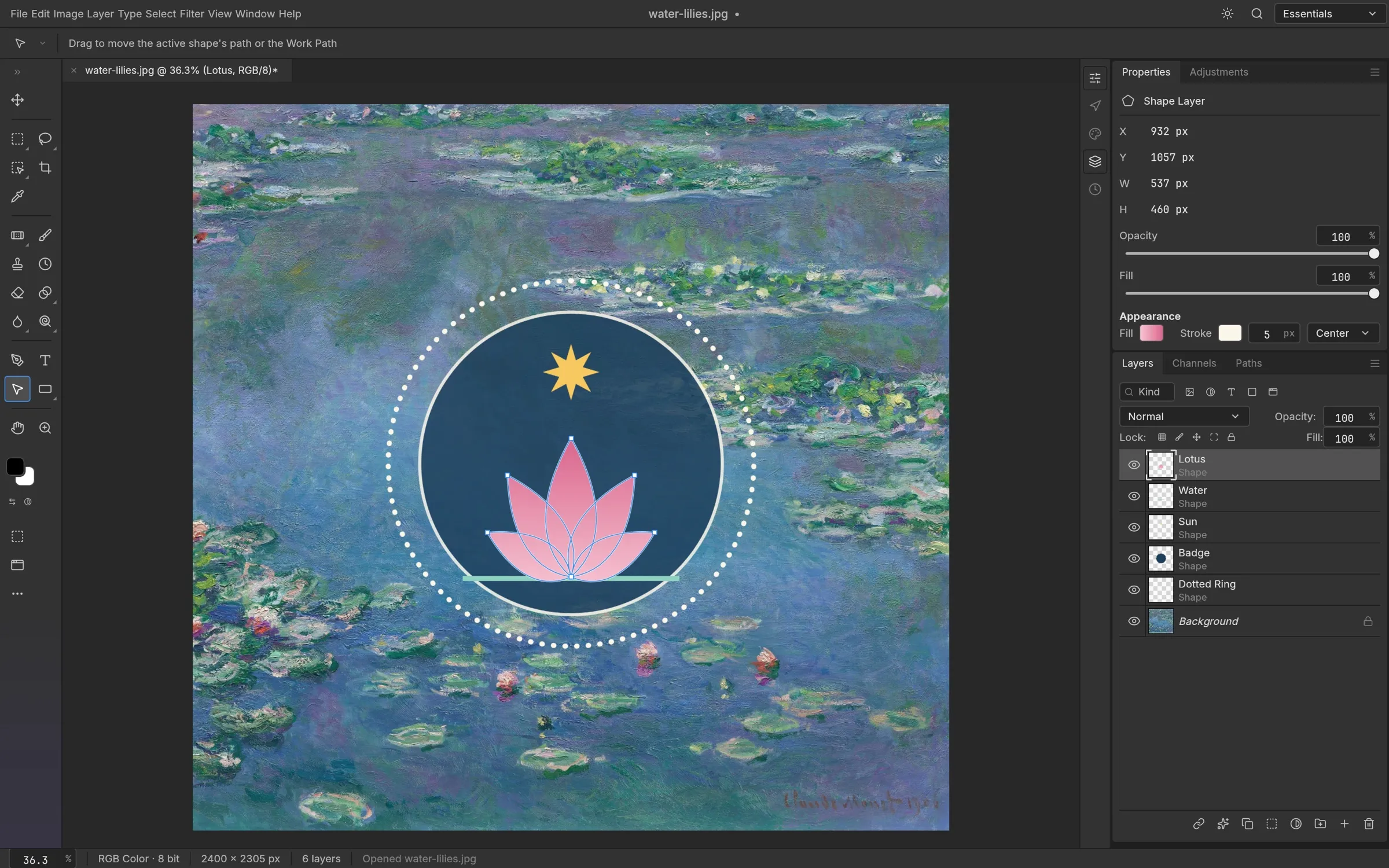A lotus badge built from shape layers over Monet’s Water Lilies, with the lotus path’s anchor points selected